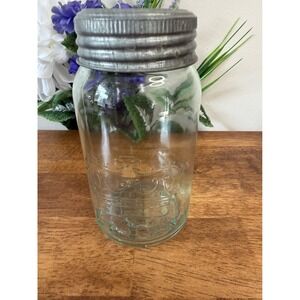 Vintage Crown‎ Mason Jar with Zinc Lid – Canadian Aqua Glass Canning Jar 28 oz